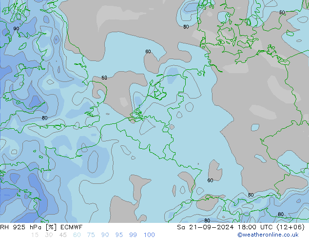 RH 925 hPa ECMWF 星期六 21.09.2024 18 UTC