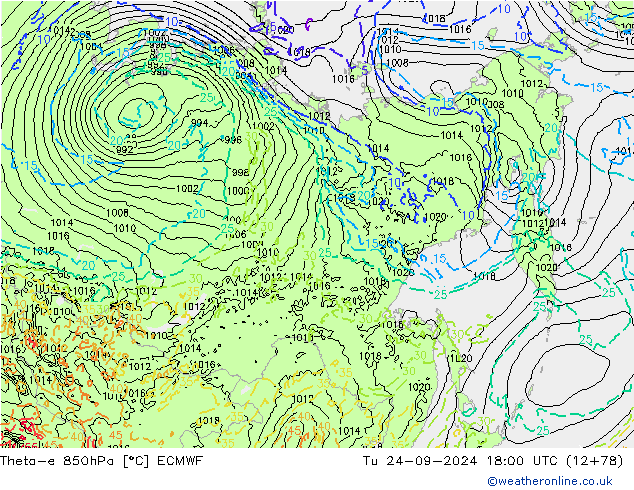 Theta-e 850hPa ECMWF Tu 24.09.2024 18 UTC