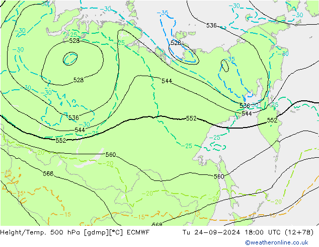 Z500/Rain (+SLP)/Z850 ECMWF Di 24.09.2024 18 UTC