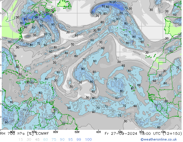 RH 700 hPa ECMWF Fr 27.09.2024 18 UTC