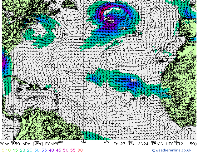 Rüzgar 850 hPa ECMWF Cu 27.09.2024 18 UTC