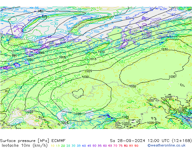 Isotachen (km/h) ECMWF Sa 28.09.2024 12 UTC