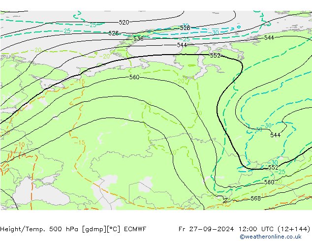 Z500/Rain (+SLP)/Z850 ECMWF Fr 27.09.2024 12 UTC