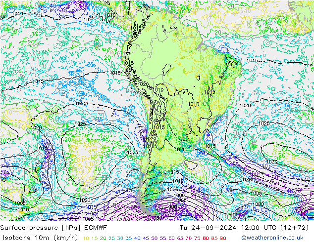 Isotachen (km/h) ECMWF di 24.09.2024 12 UTC