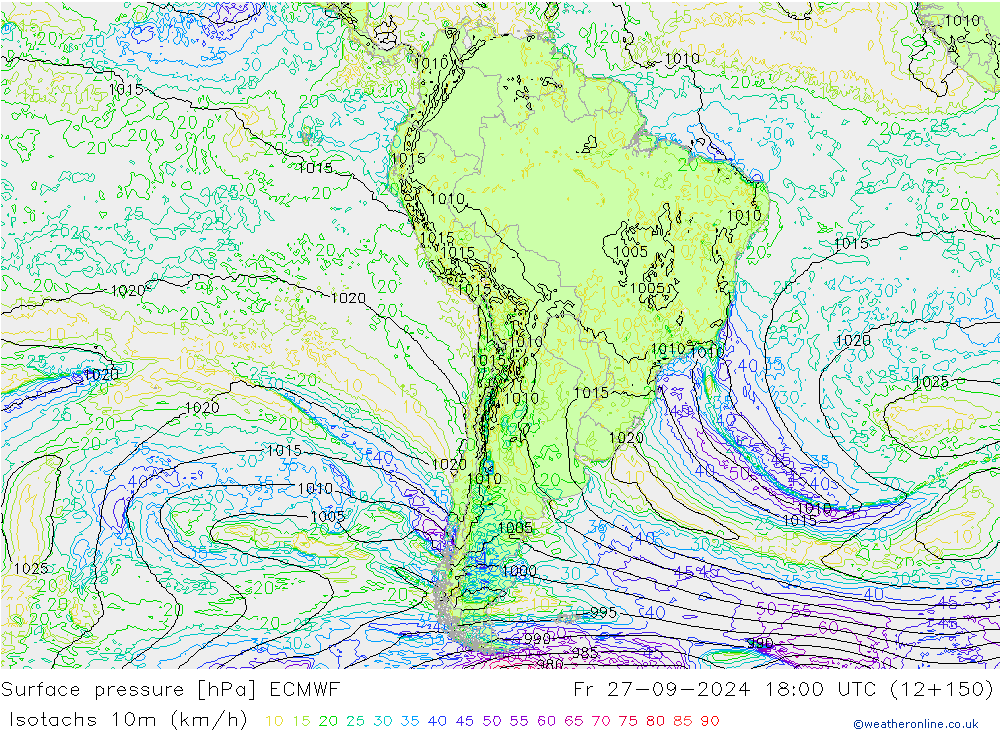 Isotachs (kph) ECMWF ven 27.09.2024 18 UTC