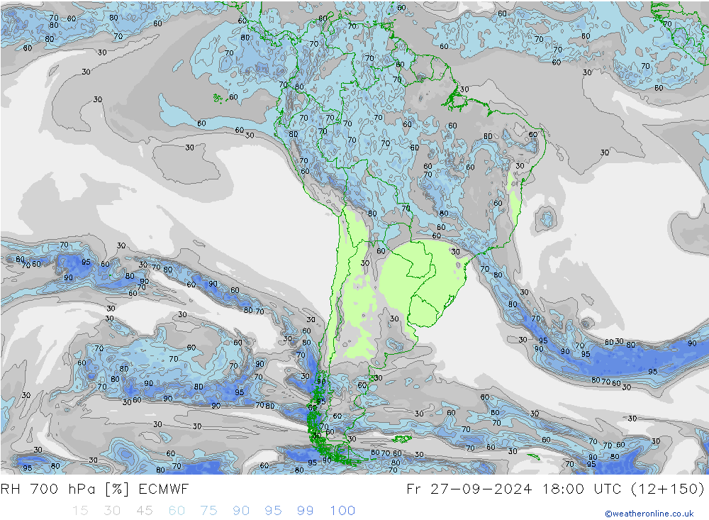 RH 700 hPa ECMWF Sex 27.09.2024 18 UTC