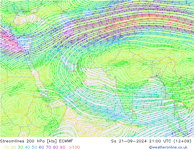 Streamlines 200 hPa ECMWF Sa 21.09.2024 21 UTC