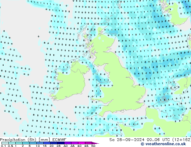 Precipitation (6h) ECMWF Sa 28.09.2024 06 UTC