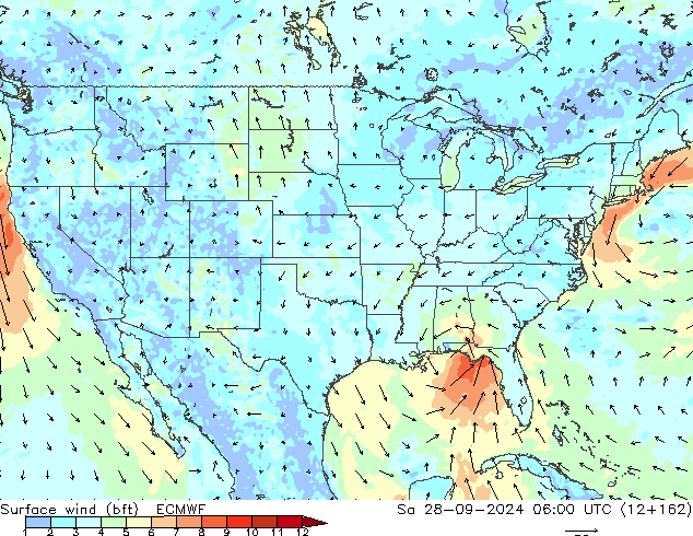 Rüzgar 10 m (bft) ECMWF Cts 28.09.2024 06 UTC