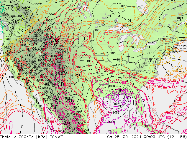 Theta-e 700hPa ECMWF sab 28.09.2024 00 UTC