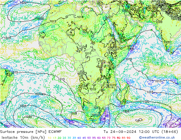 Isotachs (kph) ECMWF mar 24.09.2024 12 UTC