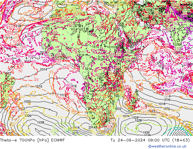 Theta-e 700hPa ECMWF Sa 24.09.2024 09 UTC