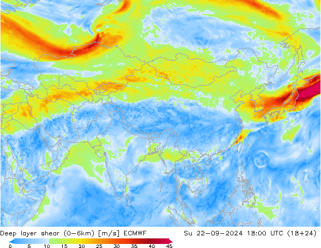 Deep layer shear (0-6km) ECMWF Su 22.09.2024 18 UTC