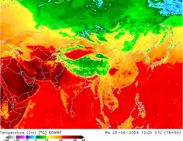 Temperatuurkaart (2m) ECMWF wo 25.09.2024 12 UTC