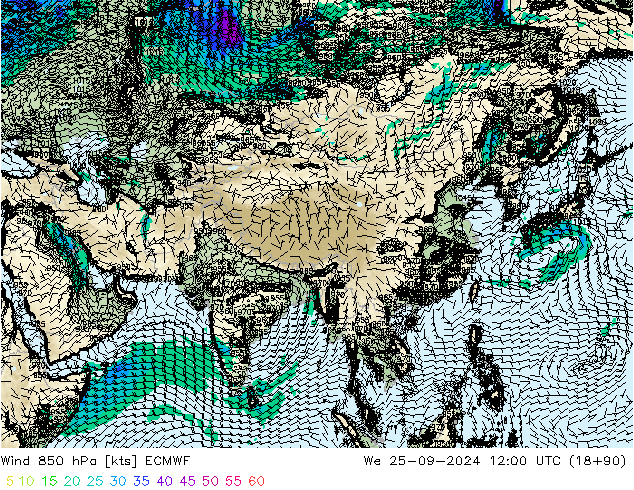 Wind 850 hPa ECMWF Mi 25.09.2024 12 UTC