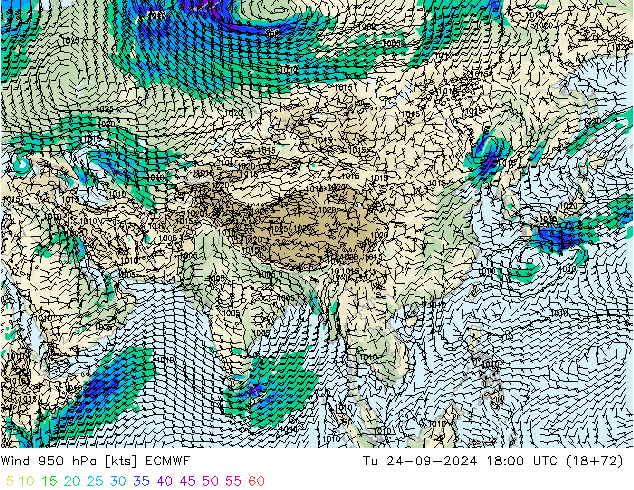 Wind 950 hPa ECMWF Út 24.09.2024 18 UTC