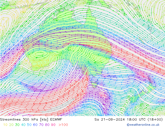 Stroomlijn 300 hPa ECMWF za 21.09.2024 18 UTC