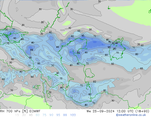 RH 700 hPa ECMWF We 25.09.2024 12 UTC