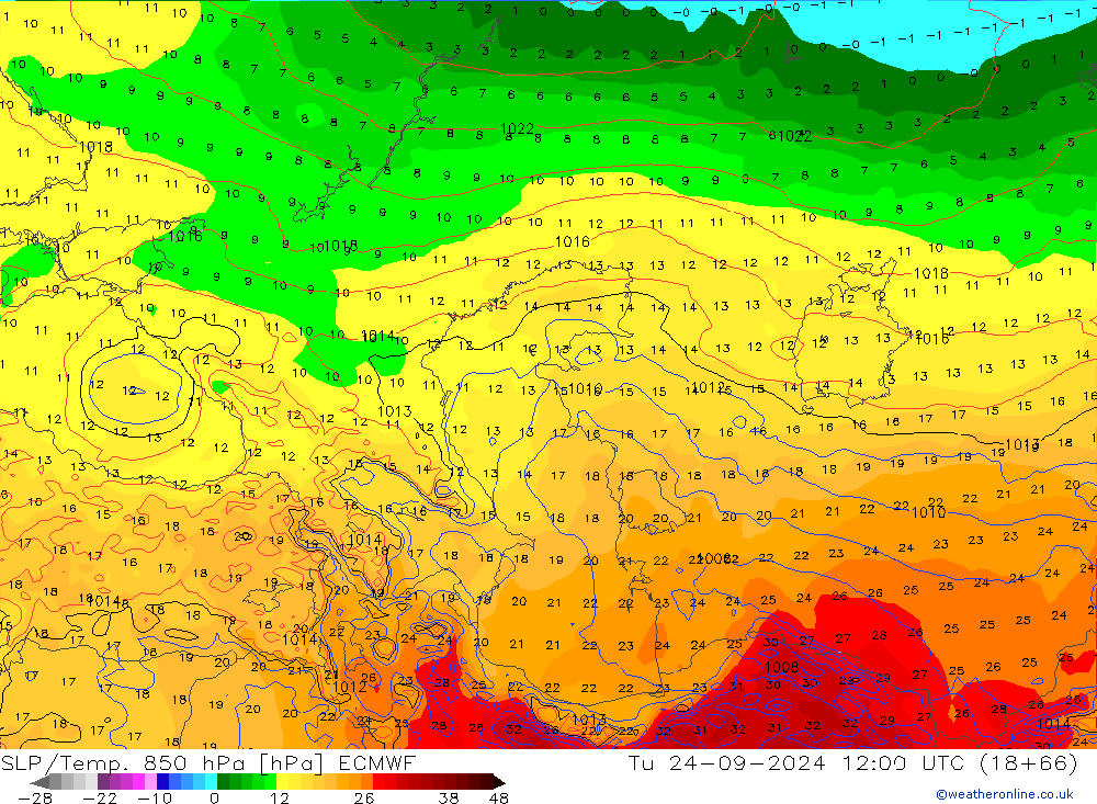 SLP/Temp. 850 hPa ECMWF Di 24.09.2024 12 UTC