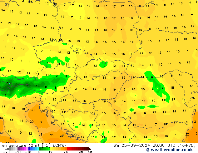 Temperatura (2m) ECMWF mer 25.09.2024 00 UTC