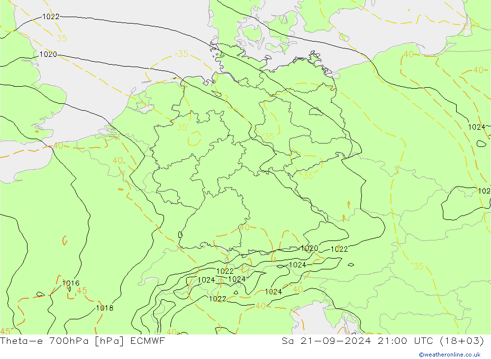 Theta-e 700hPa ECMWF 星期六 21.09.2024 21 UTC