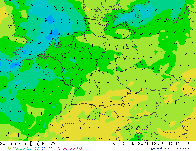 Vento 10 m ECMWF mer 25.09.2024 12 UTC