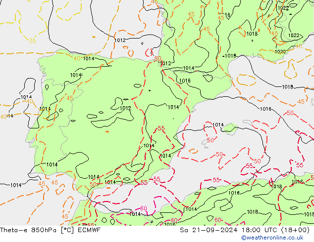 Theta-e 850hPa ECMWF Sa 21.09.2024 18 UTC