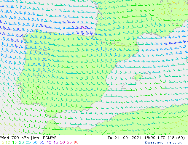 Wind 700 hPa ECMWF Di 24.09.2024 15 UTC