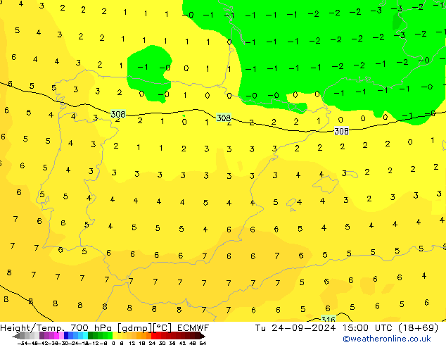 Height/Temp. 700 hPa ECMWF Di 24.09.2024 15 UTC