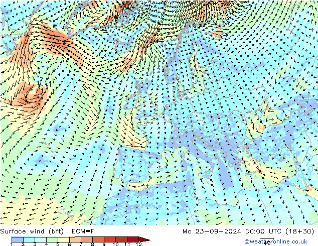 ве�Bе�@ 10 m (bft) ECMWF пн 23.09.2024 00 UTC