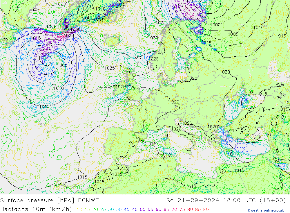 10米等风速线 (kph) ECMWF 星期六 21.09.2024 18 UTC