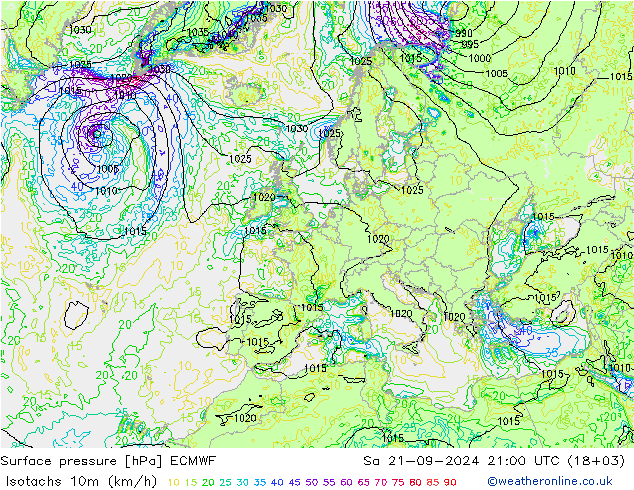 10米等风速线 (kph) ECMWF 星期六 21.09.2024 21 UTC