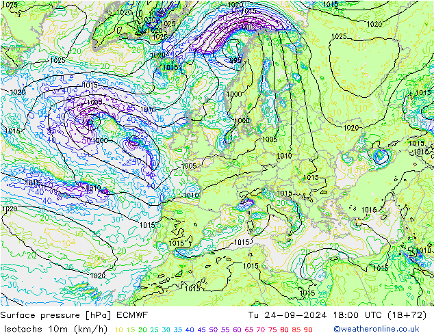 Isotachs (kph) ECMWF Ter 24.09.2024 18 UTC