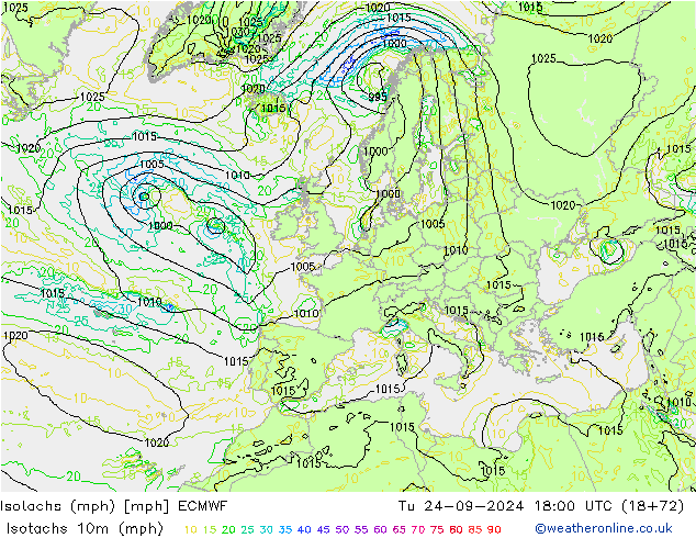 Isotachs (mph) ECMWF Út 24.09.2024 18 UTC