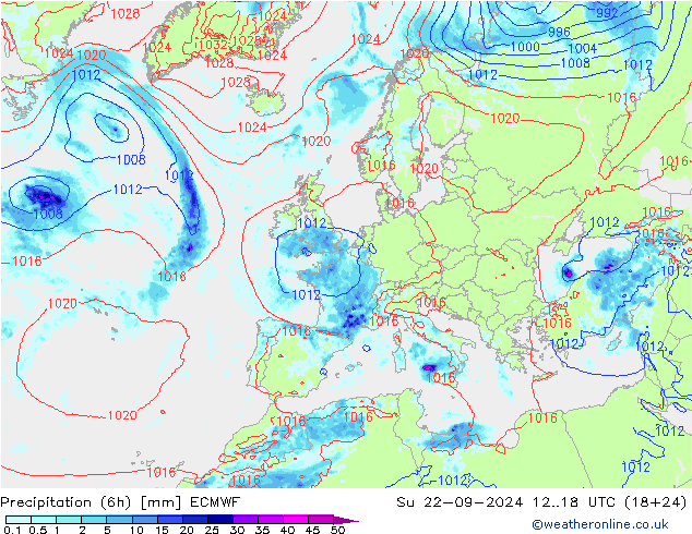 Totale neerslag (6h) ECMWF zo 22.09.2024 18 UTC