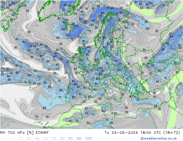 RH 700 hPa ECMWF Tu 24.09.2024 18 UTC