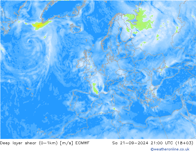 Deep layer shear (0-1km) ECMWF 星期六 21.09.2024 21 UTC