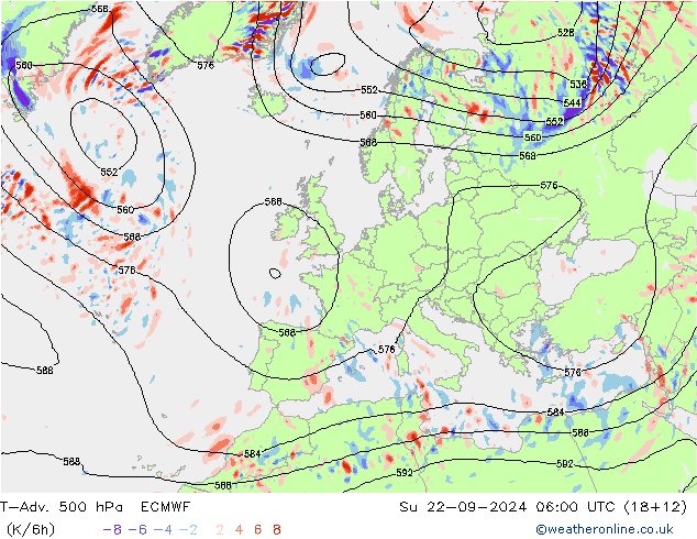 T-Adv. 500 hPa ECMWF Su 22.09.2024 06 UTC