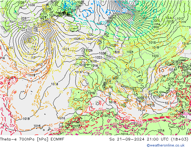 Theta-e 700hPa ECMWF 星期六 21.09.2024 21 UTC