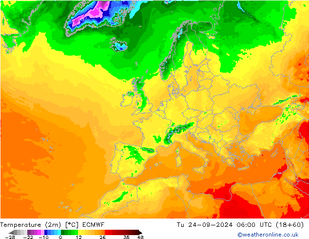 Temperature (2m) ECMWF Tu 24.09.2024 06 UTC