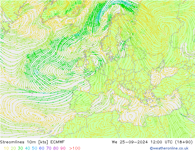 Streamlines 10m ECMWF We 25.09.2024 12 UTC