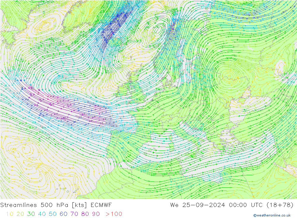 Línea de corriente 500 hPa ECMWF mié 25.09.2024 00 UTC