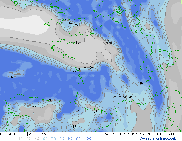 RH 300 hPa ECMWF Qua 25.09.2024 06 UTC