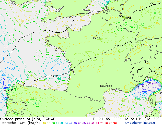 Isotachs (kph) ECMWF Tu 24.09.2024 18 UTC