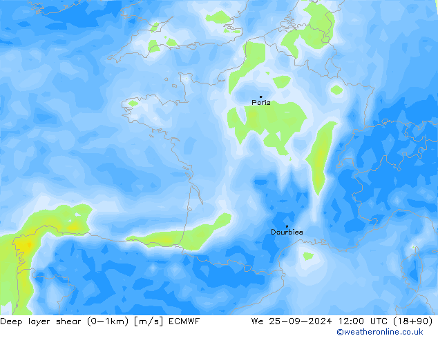 Deep layer shear (0-1km) ECMWF Mi 25.09.2024 12 UTC