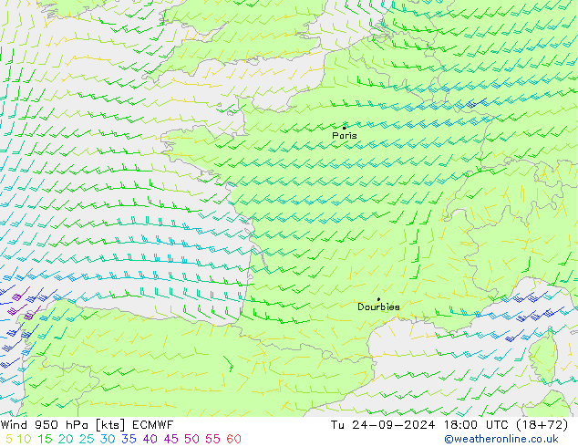 Rüzgar 950 hPa ECMWF Sa 24.09.2024 18 UTC