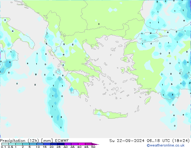 Totale neerslag (12h) ECMWF zo 22.09.2024 18 UTC