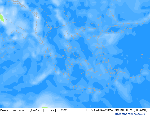 Deep layer shear (0-1km) ECMWF Tu 24.09.2024 06 UTC