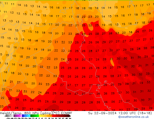 Height/Temp. 850 hPa ECMWF dom 22.09.2024 12 UTC