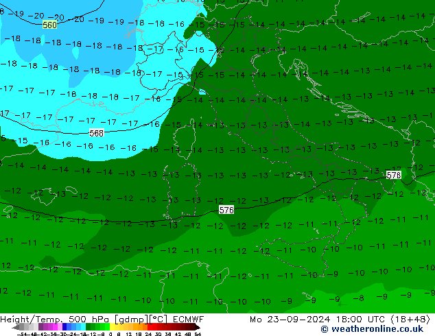 Z500/Rain (+SLP)/Z850 ECMWF Mo 23.09.2024 18 UTC